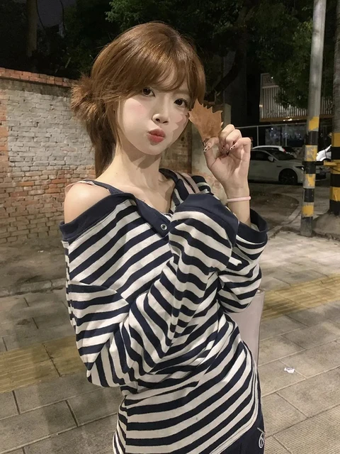 Striped Pure Cotton T Shirt Women Slash Neck Off Shoulder Long Sleeve Vintage Tees Korean Fall Streetwear Harajuku Button Tops 1