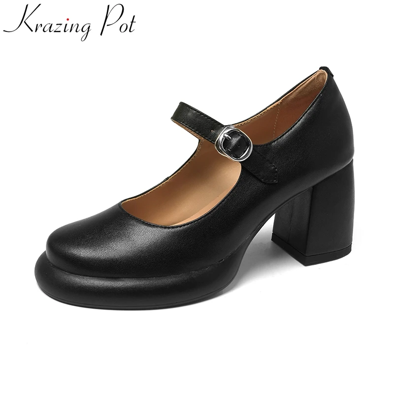 

Krazing Pot 2023 Split Leather High Heels Shallow Solid Spring Shoes Concise Office Lady Mary Janes Elegant Party Women Pumps