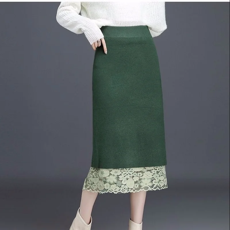

Lace skirt female A -line wearing knitted bag hip skirt 2023new high waist mid -length one -step skirt solid casual skirt female