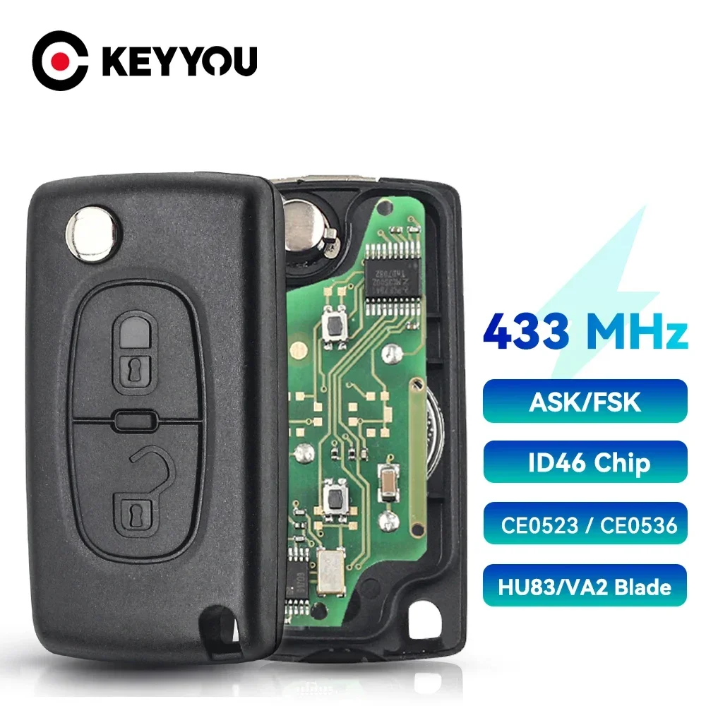 Ключ дистанционного управления KEYYOU 434 МГц ASK FSK для Citroen C2, C3, C4, C5, C6, C8, Xsara Picasso, CE0523, Ce0536, VA2/HCA Blade, 2 кнопки