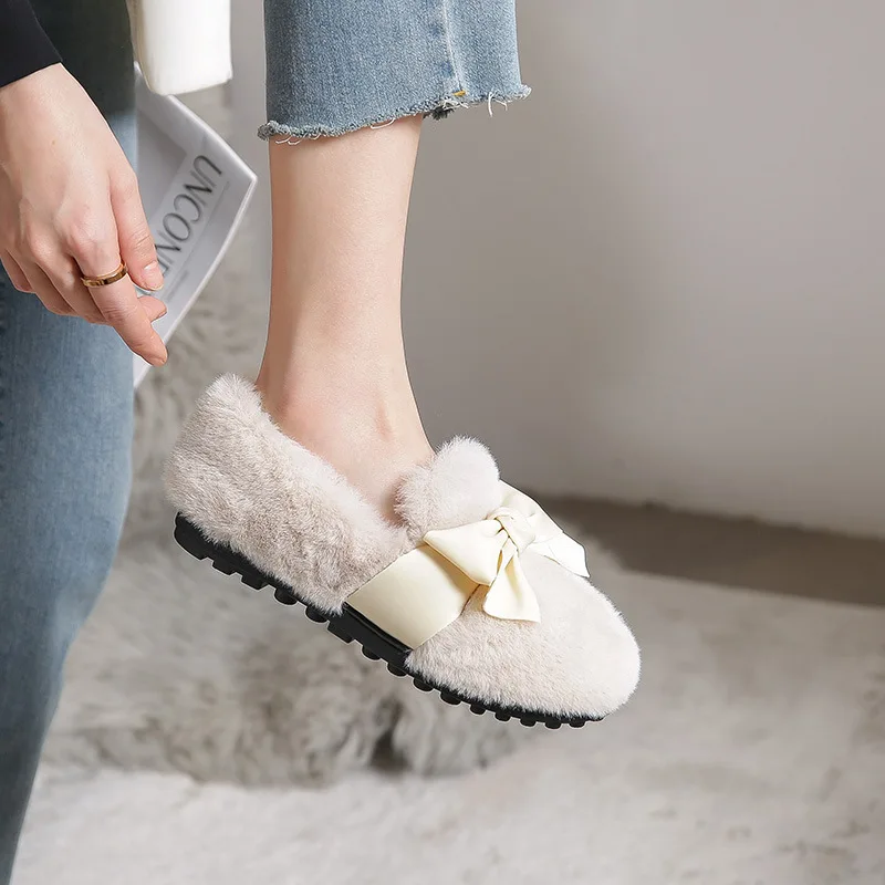 Women's Plush Shoes Wear Snow Boots Outdoors in Winter Fashionable Bowknot Design Fur thermal flat loafers shoes Large 41-43