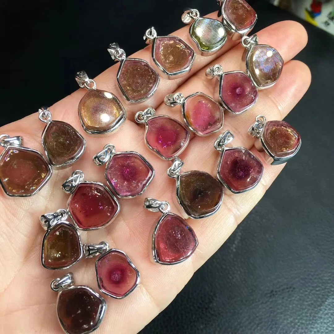 

1 Pc Fengbaowu Natural Stone Multicolored Gem Colorful Watermelon Tourmaline Pendant 925 Sterling Silver Fashion Jewelry Gift