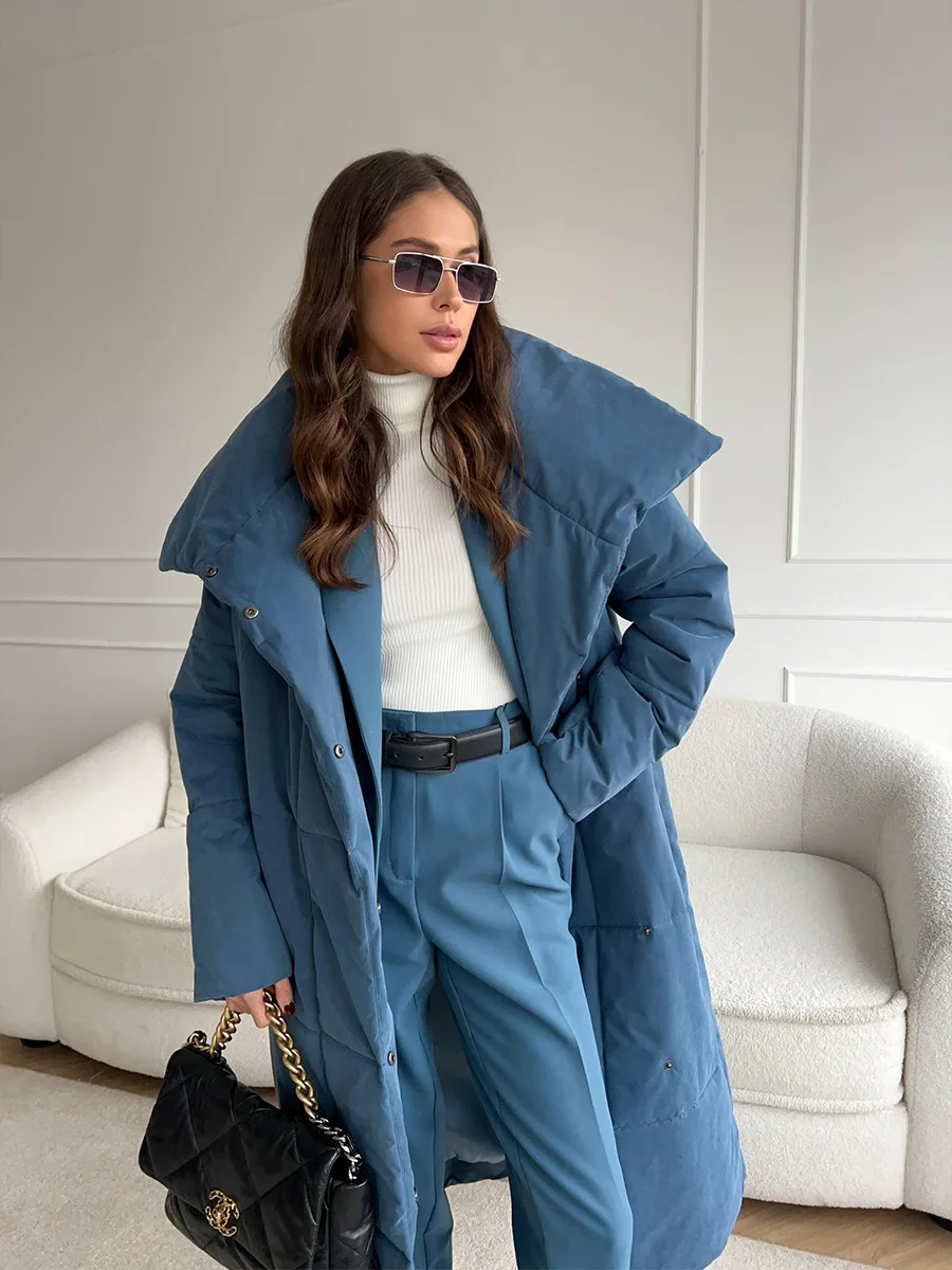 Winter Female Parkas Outwear Loose Lace-Up High Waist Long Sleeve Pocket Lapel Bandage Coat For Women Solid Parkas