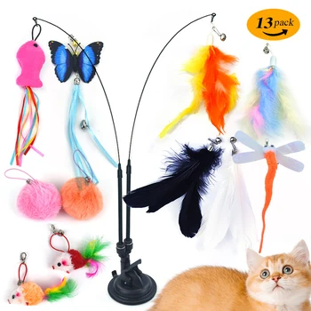 Pet Cat Toy Set Suction Cup Toy Set Double Headed Teaser Stick Set Multifunction Interactive Cat Toy for Floor Glass Door Panel 2