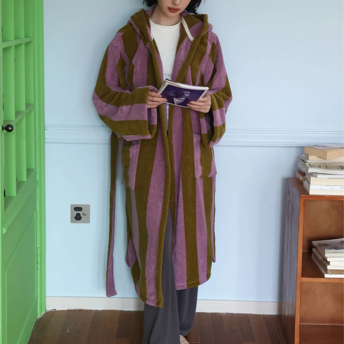 Retro Striped Female Hooded Bathrobe Terry Towel Long Robe Sleepwear Autumn Combed Cotton Nightwear Loungewear Loose Homewear