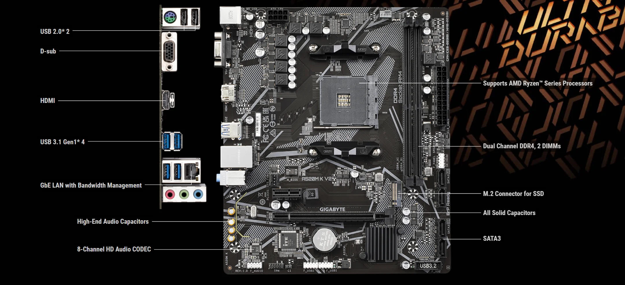 Description Picture 4 of itemGIGABYTE AMD A520M K V2 AMD A520 DDR4 Motherboard Suit Socket AM4 All New PC motherboard