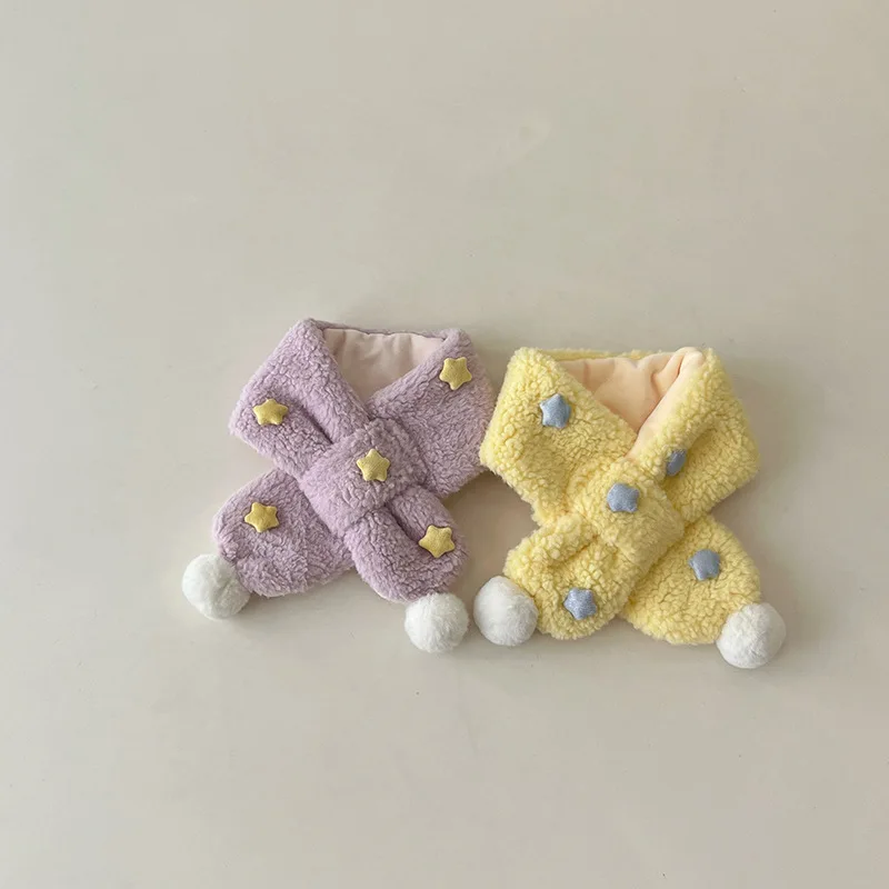 1-6years Children's Scarf Autumn and Winter Korean Version Ins Simple Labeling Star Plush Cross Boys and Girls Baby Scarfs