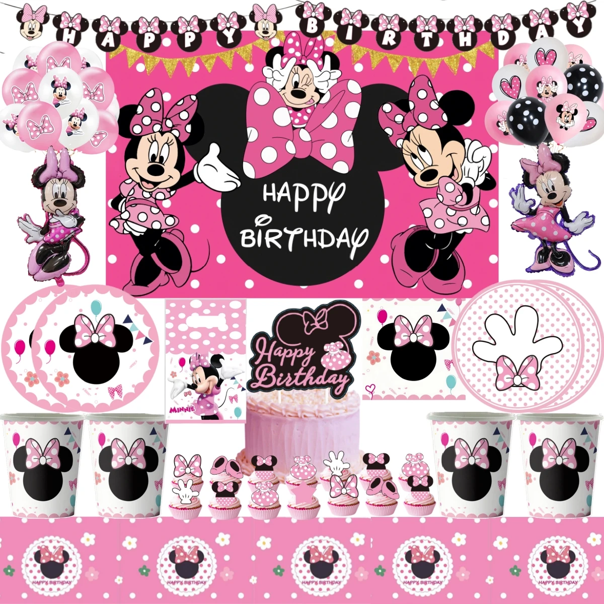 

Disney Minnie Mouse Birthday Decoration Happy Birthday Balloon Disposable Tableware Set for 10pepole Plate Girls Party Supplies