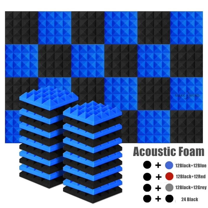 Studio Acoustic Soundproof Foam Pyramid Noise Insulation Panels 24Pcs 25x25x5cm 12Black 12Blue