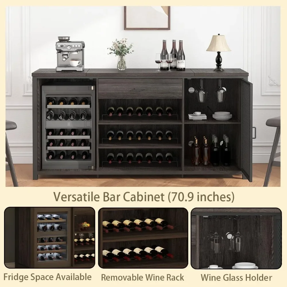Long Bar Cabinet with Fridge Space, Farmhouse Big Liquor Cabinet with Drawer Storage, Rustic Wood Metal Large Wine