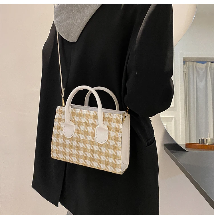 Damen Umhängetasche Mit Karomuster Und Kette Aus Kunstleder_voghion.com