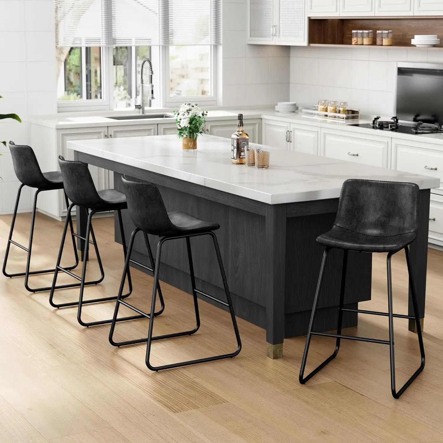 Bar Stools Set of 3, Faux Leather Counter Height Stools,26" Modern Barstools with Metal Legs and Footrest, Urban Armless Counter