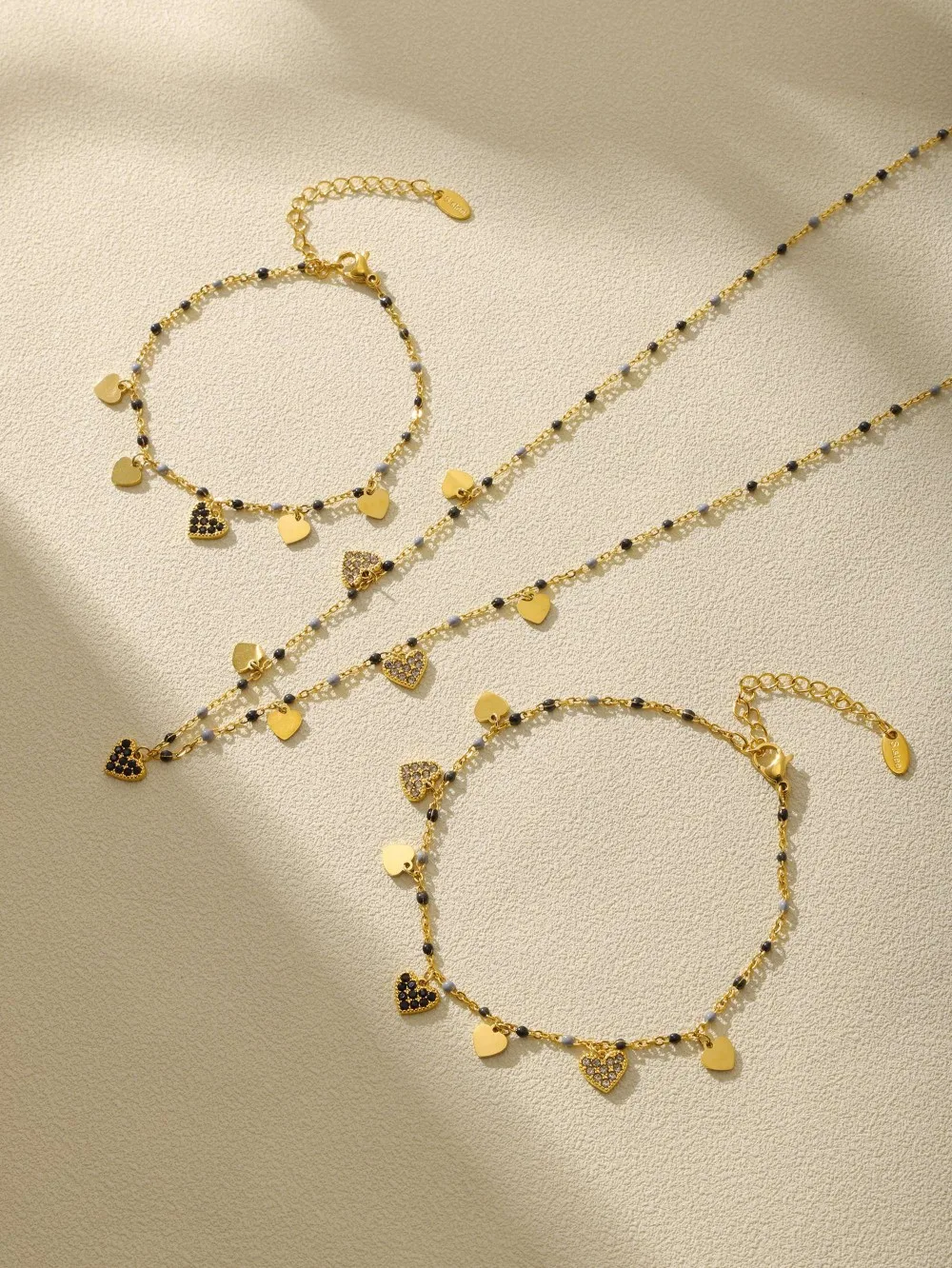 Mehrfarbiges Fußkettchen-Set mit Herz-Zirkonia-Anhänger, Halskette, Armband, Edelstahl 316, vergoldet, wasserdicht, Luxus-Schmuck, Geschenk – Detail 21