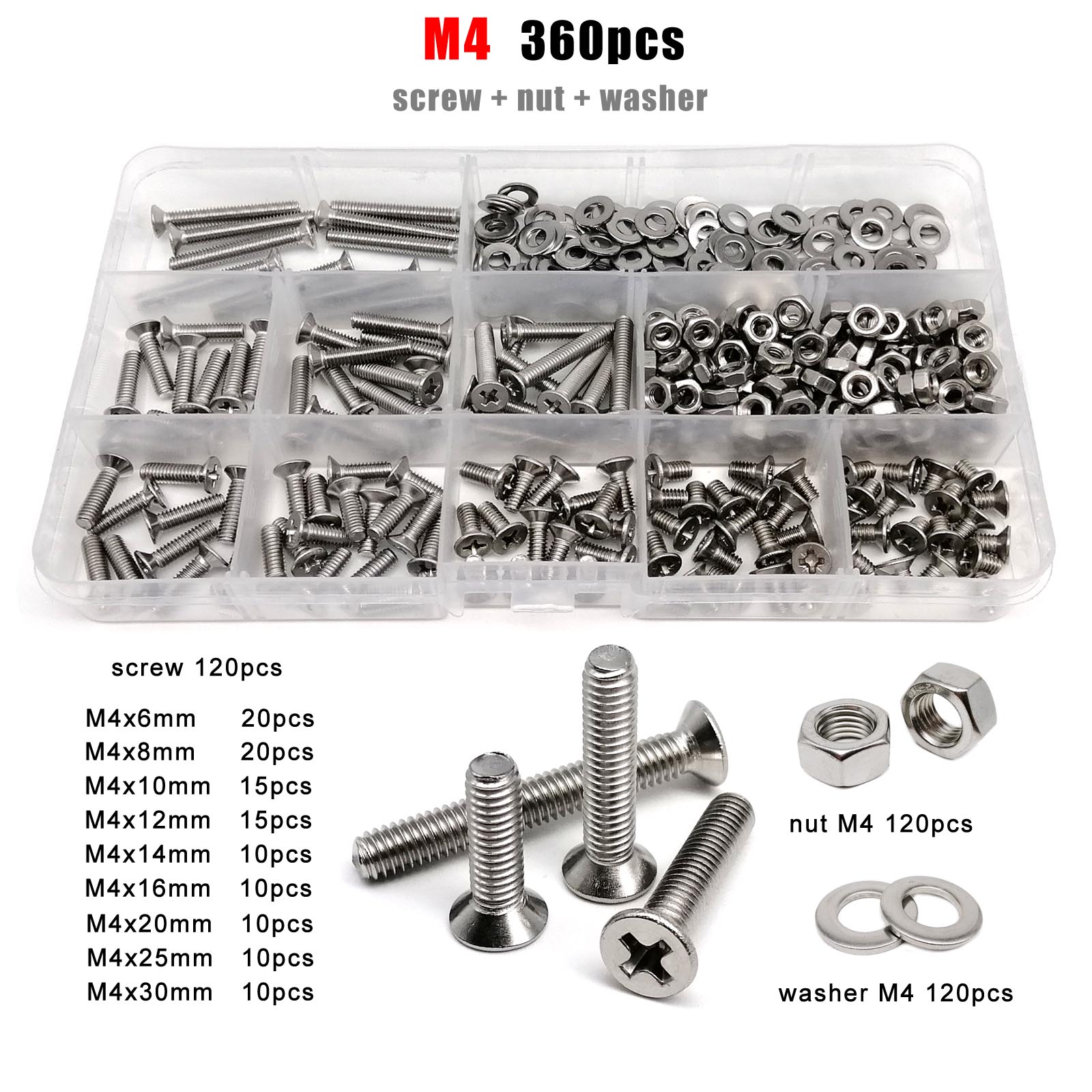 1 Box GB819 M1.6 M2 M2.5 M3 M4 M5 M6 M8 304 Stainless Steel Phillips Cross Flat Countersunk Head Screw Bolt Nut Assortment Kit