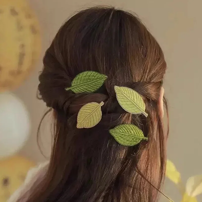 Embroidery Green Leaf Hairpin Women Bangs Side Duckbill Clip Fresh Spring Summer Fairy Hair Clips Sweet Cute Girls Headwear