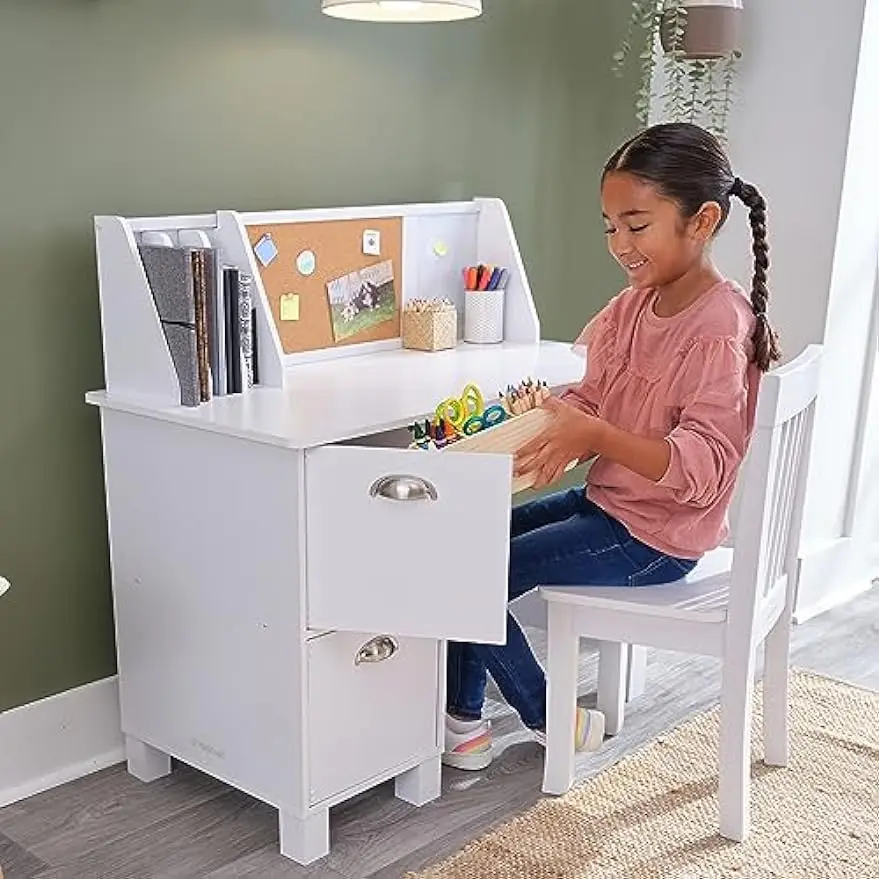  KidKraft Wooden Study Desk for Children with Chair, Bulletin  Board and Cabinets, White : Home & Kitchen