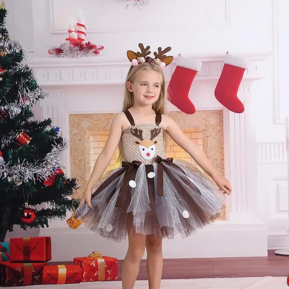 

Рождественские костюмы принцессы для косплея для детей, Рождественский день рождения, платье длиной до колена, лося, набор для представлений