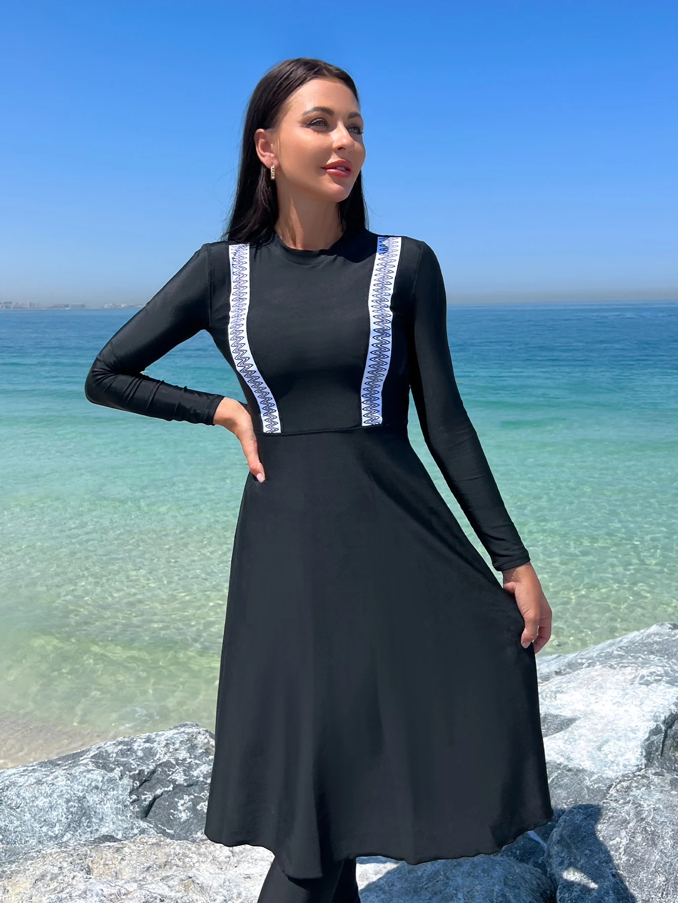 Muslim Burkini Modest swimsuit Black Long Sleeved Dress All Covered Retro Women Swimwear Beach swimsuit SPF50+ 2pcs