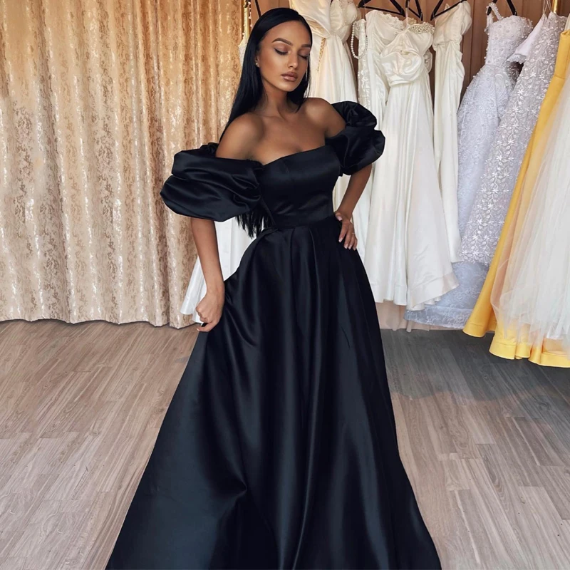 Thinyfull Black A-Line Prom Evening Dresses Off The Shoulder Party Dress Floor Length Saudi Arabia Cocktail Gowns Plus Size