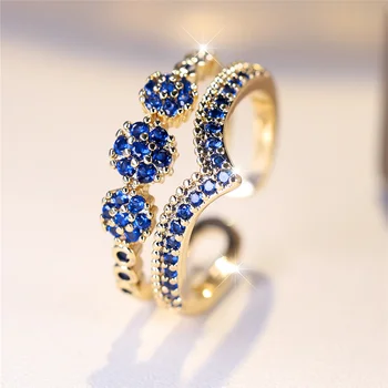 Charm Female Green Purple Blue Zircon Stone Open Adjustable Ring Vintage Gold Color Wedding Jewelry For Women