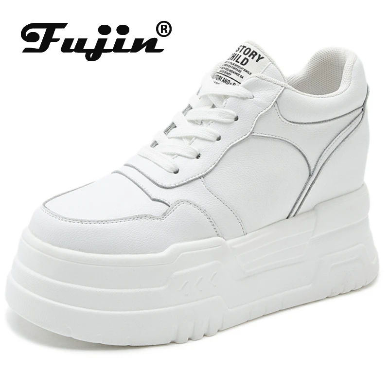 

Женские кроссовки на толстой подошве Fujin, белые кроссовки из натуральной кожи на толстой вулканизированной подошве, на танкетке, весна-осень 8,5