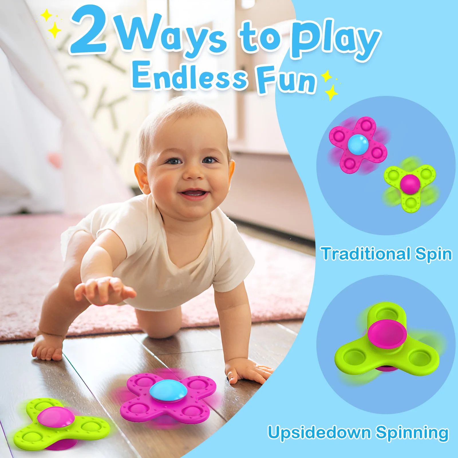Suction Cup Spinner Toys Traditional Spin Teething Development Food Grade Silicone No Hole Safe for Kids Ages 10 months 1-3 4-8