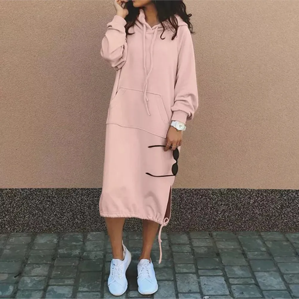

New Casual Sweatshirt Dress For Women Loose Solid Color Pocket Pullover Midi Hoodies Dress Pink Split Hem Lace-Up Robe Spring