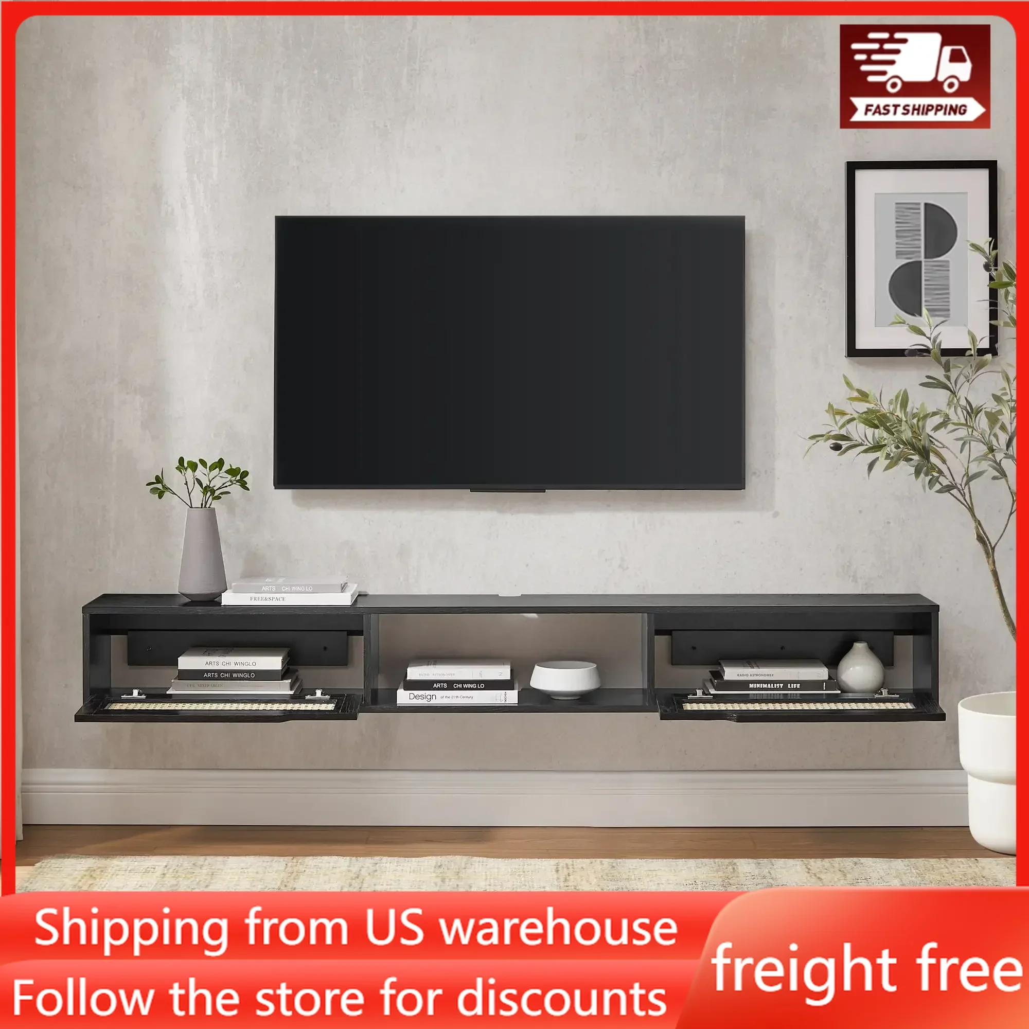 

Modern Rattan-Door Floating TV Stand for TVs Up to 80” BlackFreight Free Tv Stand Living Room Furniture Cabinet Home