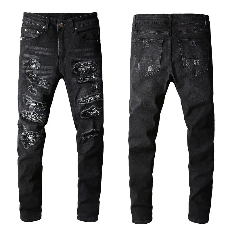 

2024 уличная одежда, черные облегающие джинсы в стиле High Street, мужские повседневные байкерские джинсы, облегающие рваные состаренные плиссированные брюки до колена
