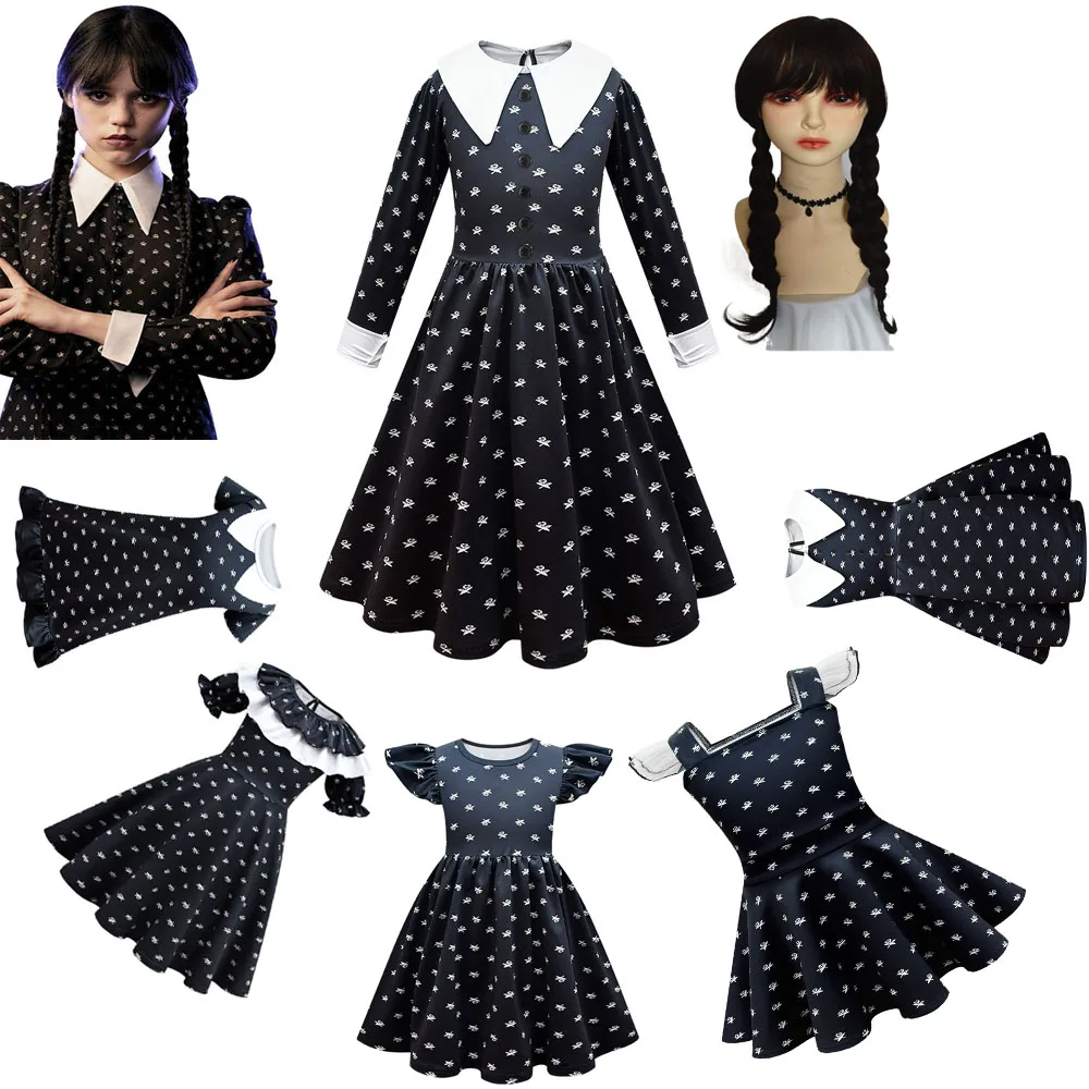 Morticia Kids Wedesday Cosplay Costume Parrucca Ragazze Addigs Day Cosplay Dress Outfit Vintage Black Gothic Printing Clothes