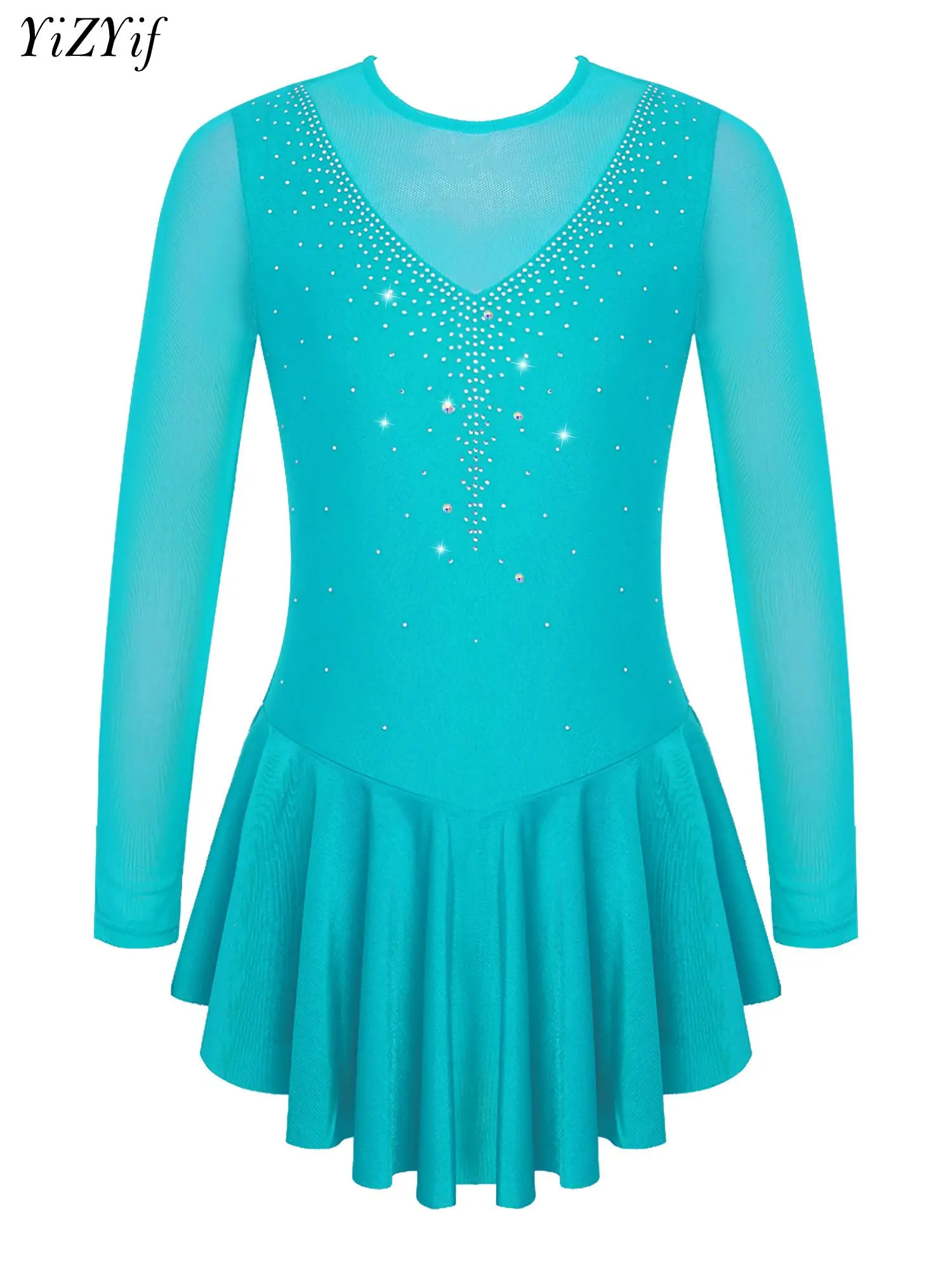 

Girl Rhinestone Figure Ice Roller Skating Dress Ballet Dance Gymnastics Leotard Mesh Tutu Skirted Competition Ballroom Dancewear