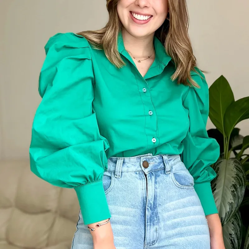 

Puff Sleeve Solid Color Ins Ladies Shirt Temperament Elegant Single-breasted Long-sleeved Shirt for Women Summer and Autumn