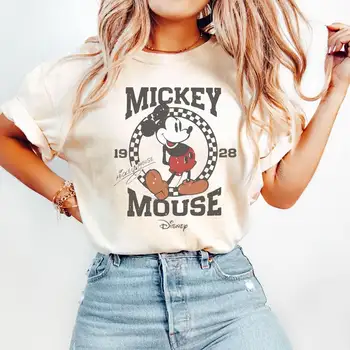 Camiseta Vintage de Mickey Mouse para hombre y mujer, Camiseta de algodón con cuello redondo, camisetas de manga corta con personajes de Anime a la moda, camisetas a cuadros de Mickey