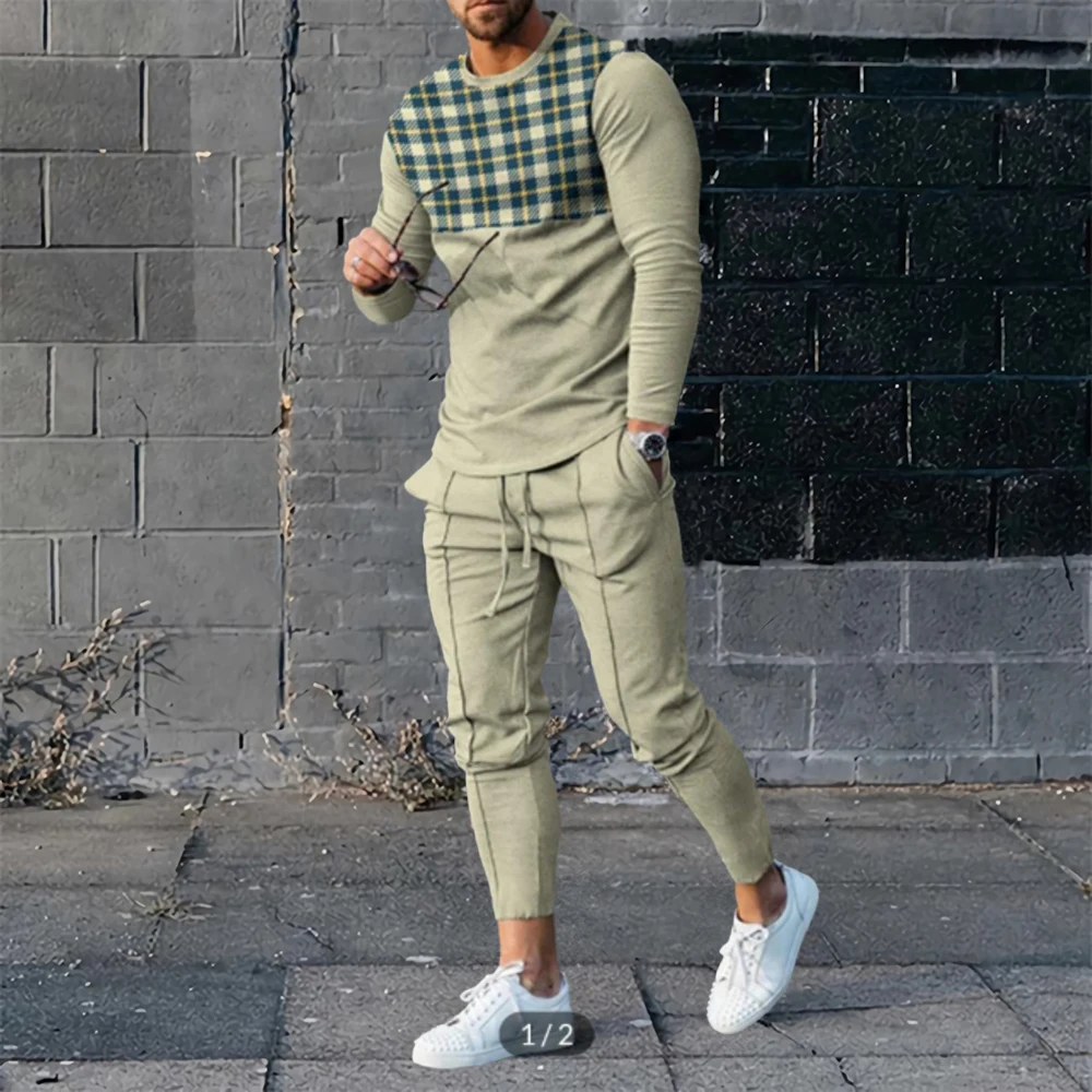 thumbnail image 1 of Conjuntos de dos piezas de moda de primavera y otoño para hombre, camisetas con estampados gráficos y pantalones ajustados, trajes para hombre, ropa informal, trajes de calle, 1 of 5
