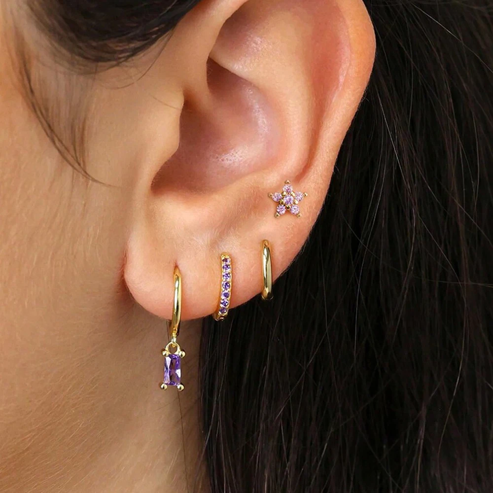 4pcs Fashion Colorful Zirconia Chain Earrings Set for Women Two Hole Round Circle Curvy Gold Color Hoop Earring Wedding Jewelry 4