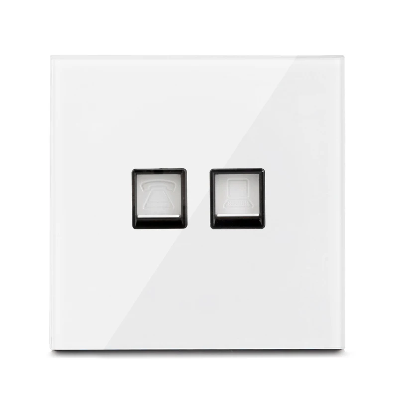 Rewnssin Light Switches and Sockets All Series Glass White Modern Style Random Click Push Button ON OFF EU Outlet Cat5e Socket double light switch Wall Switches