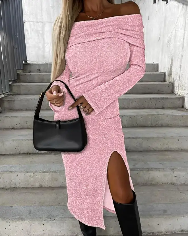 

Женское трикотажное облегающее платье-миди с длинным рукавом и одним воротником, Лидер продаж 2023