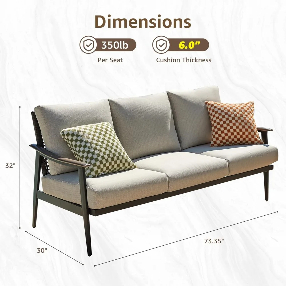 Patio 3 Seats Sofa Outdoor Loveseat,Patio Furniture Metal Outdoor Sofa with Wicker Backrest & 6 Inches Cushion,Outdoor Furniture 2