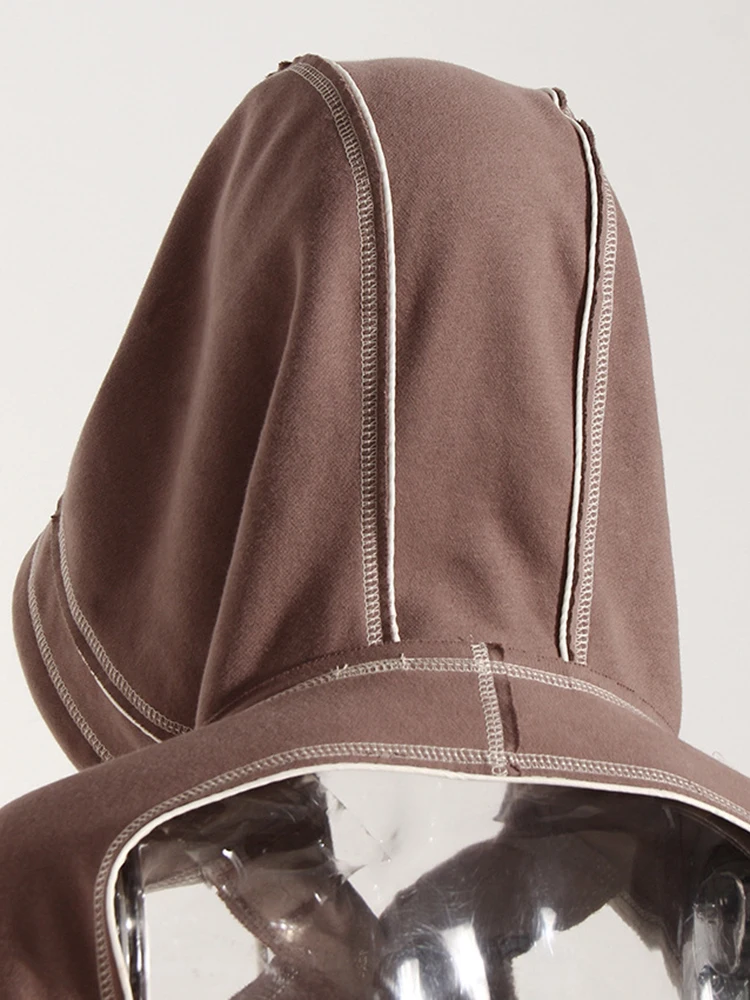 [EAM] Brown Back Bow Irregular Cut-out Sweatshirt New Hooded Long Sleeve Women Big Size Fashion Tide Spring Autumn 2026 1DF1820
