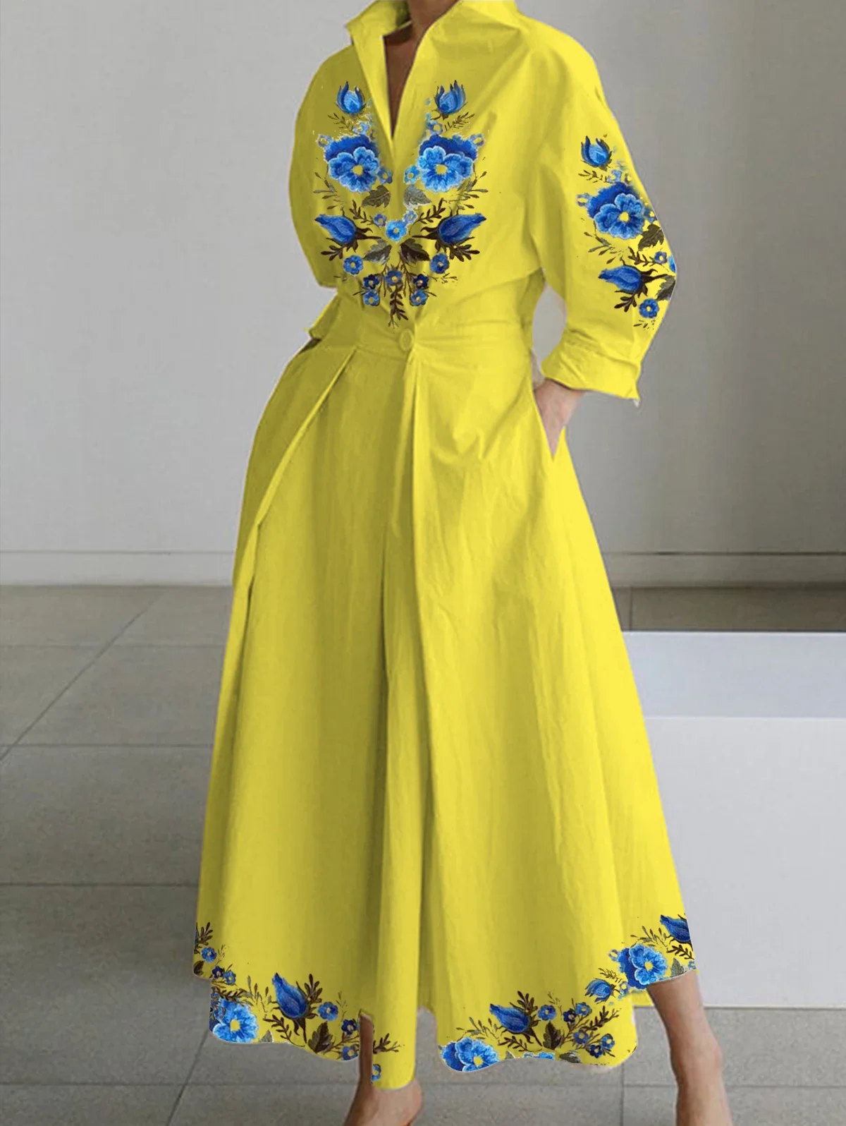 

Women's Shirt Dress Long Sleeve Floral Printed Turn Down Collar Vintage Casual Autumn A-line Pleated Midi Dress for Female Dress