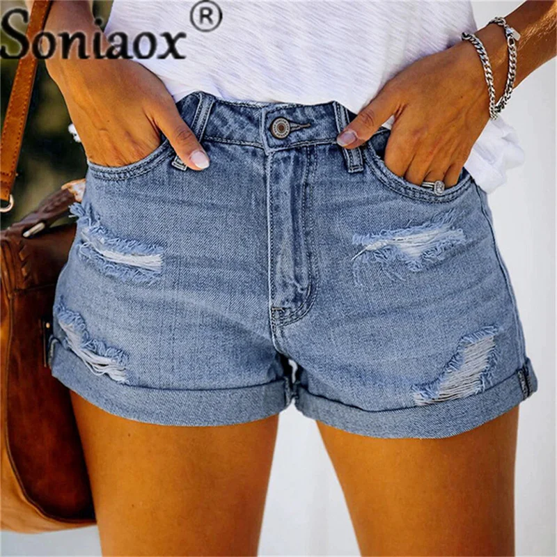 

2022 Summer New Women Crimping Button Up Stretch Sexy Hole Jean Shorts High Waist Skinny Streetwear Trendy Ripped Denim Shorts