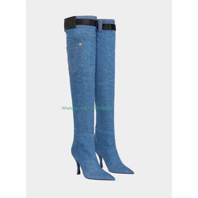 

Lady denim blue design over the knee boots sexy pointed toe belt boots punk cool jeans fabric boots large size 43 footwear