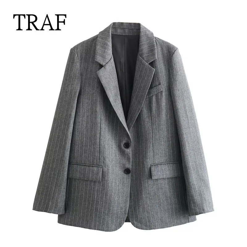 TRAF Stripe Blazer For Women 2024 Spring Elegant Jacket Women Clothes Long Sleeves Top Female Outerwear Office Lady Blazer Chic