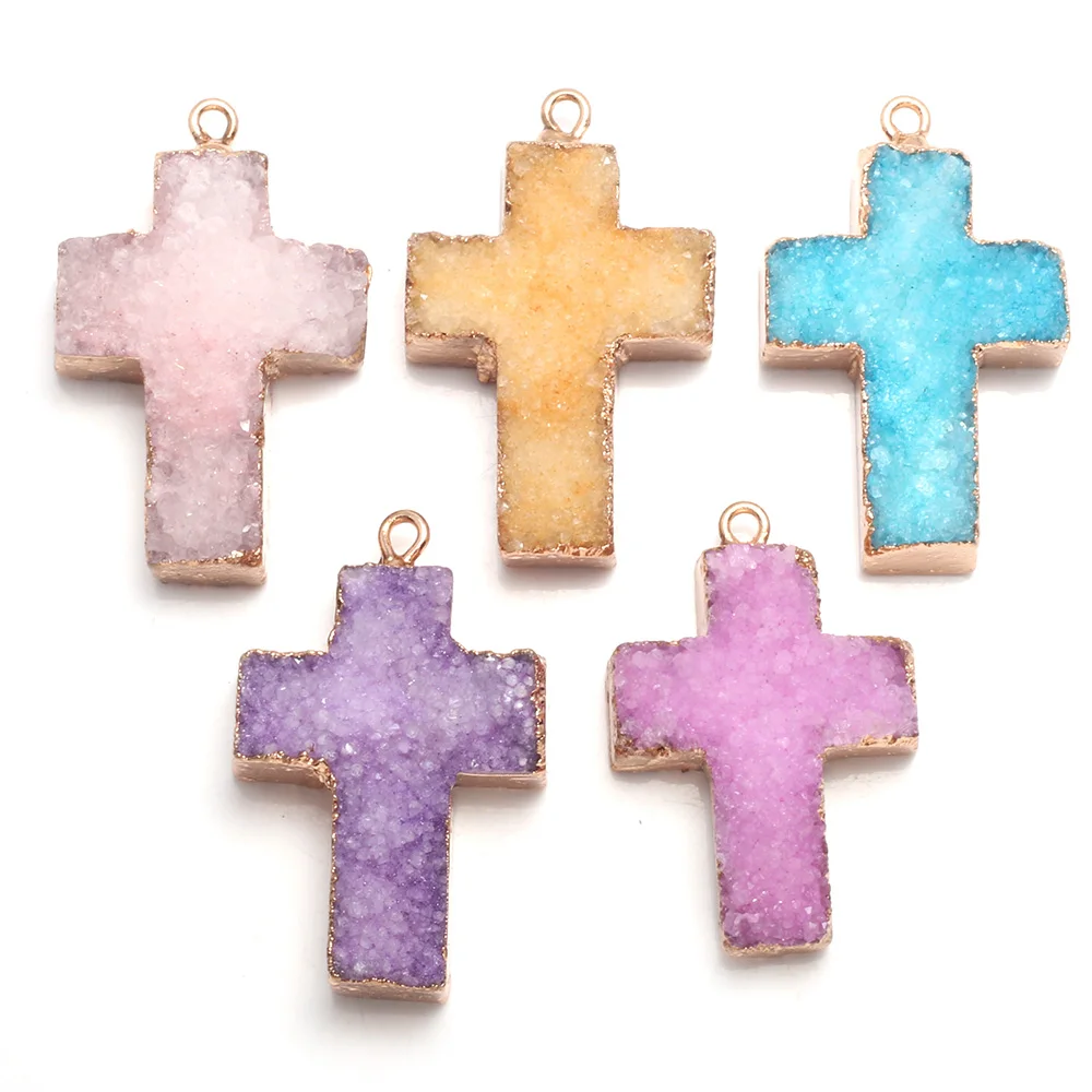 

6PCS Natural Crystal Druzy Agate Cross Pendant For Jewelry MakingDIY Necklace Earring Accessory Gems Charm Gift 22x35mm