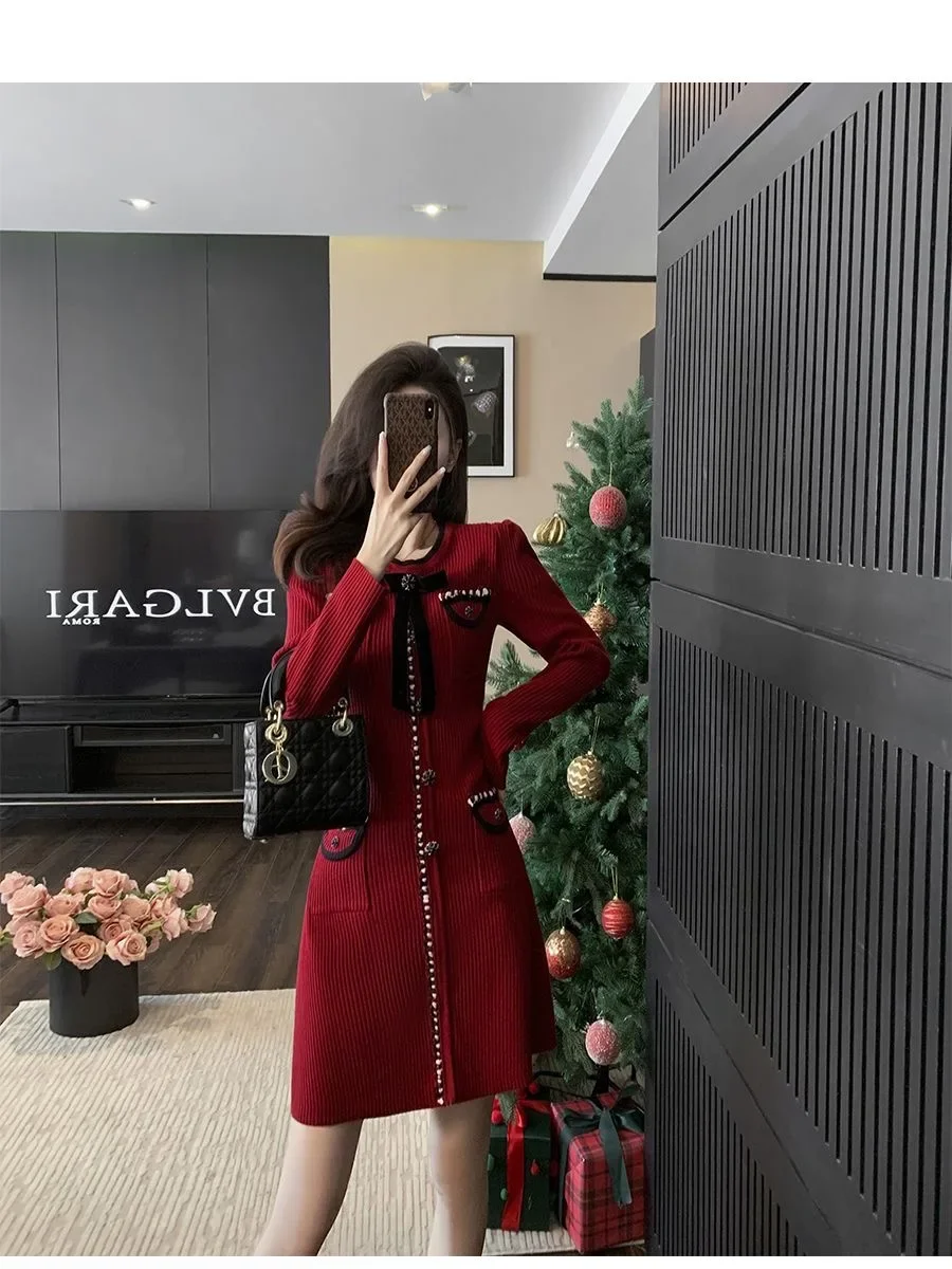 French style autumn and winter bow long sleeved knitted slim fit dress A-line skirt