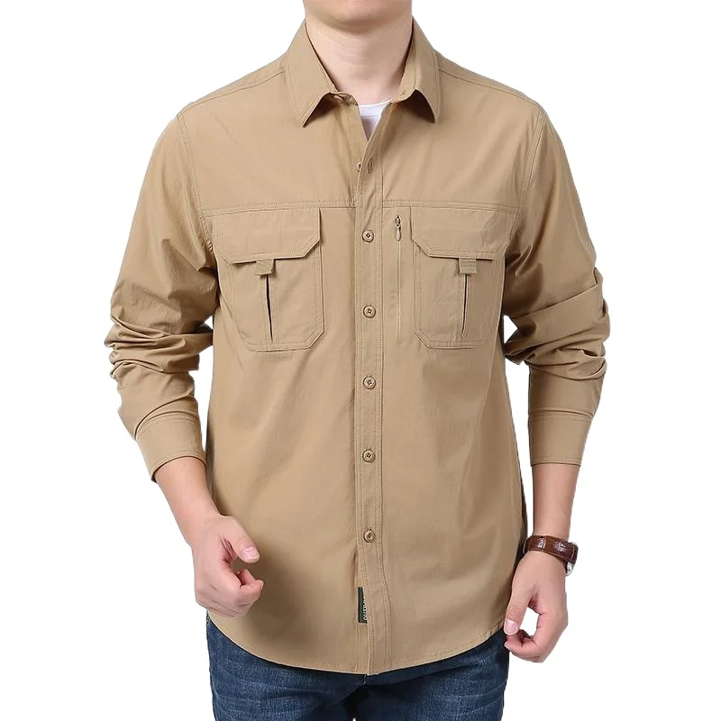 Autumn Men's Shirt Solid Color Multiple Pockets Lightweight And Quick Drying Shirt Outdoor Casual Long Ieeved Shirt Men's Shirt
