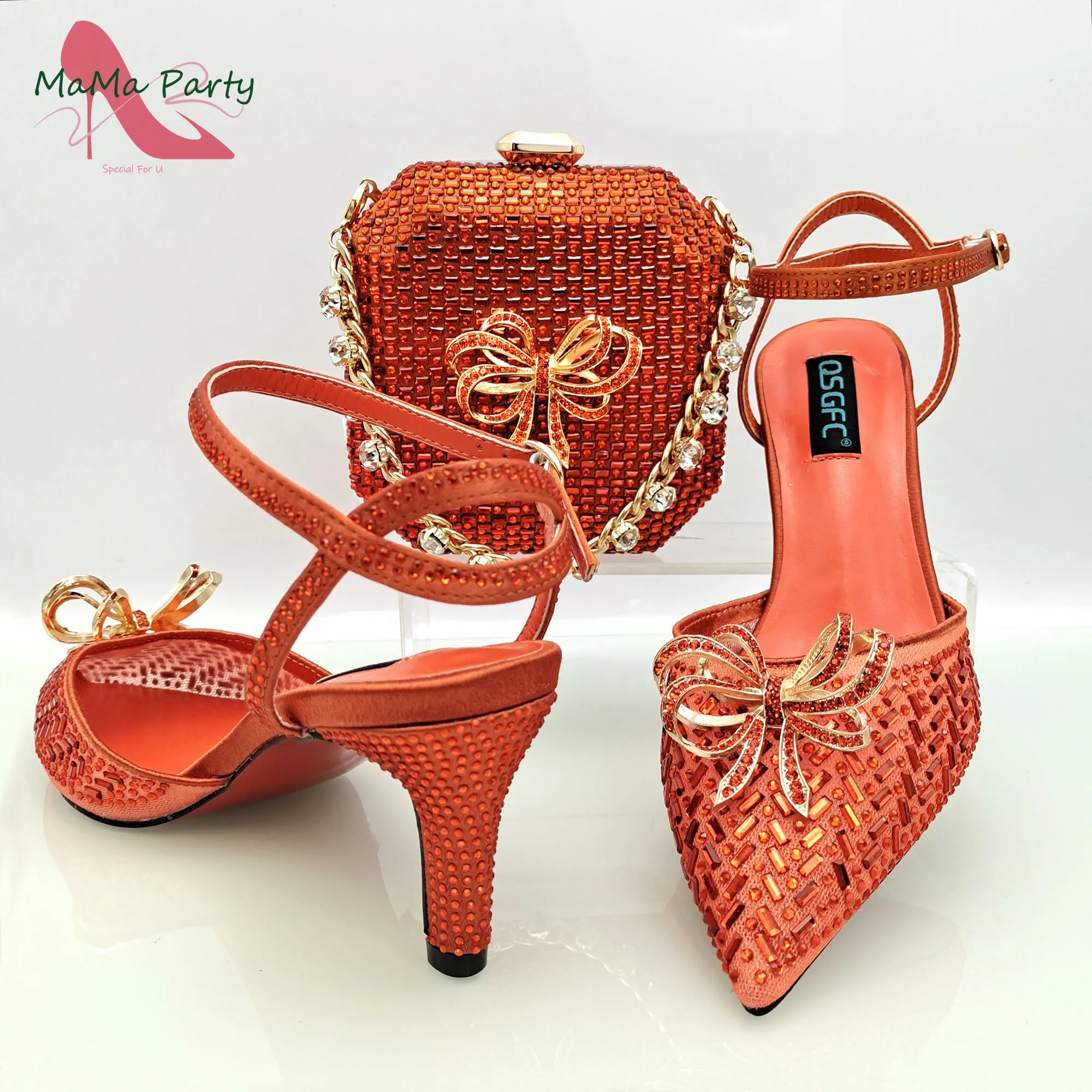 

Orange Color High Quality New Arrivals Sweet Style Italian Design Women Matching Shoes and Bag Set in Pumps for Garden Party