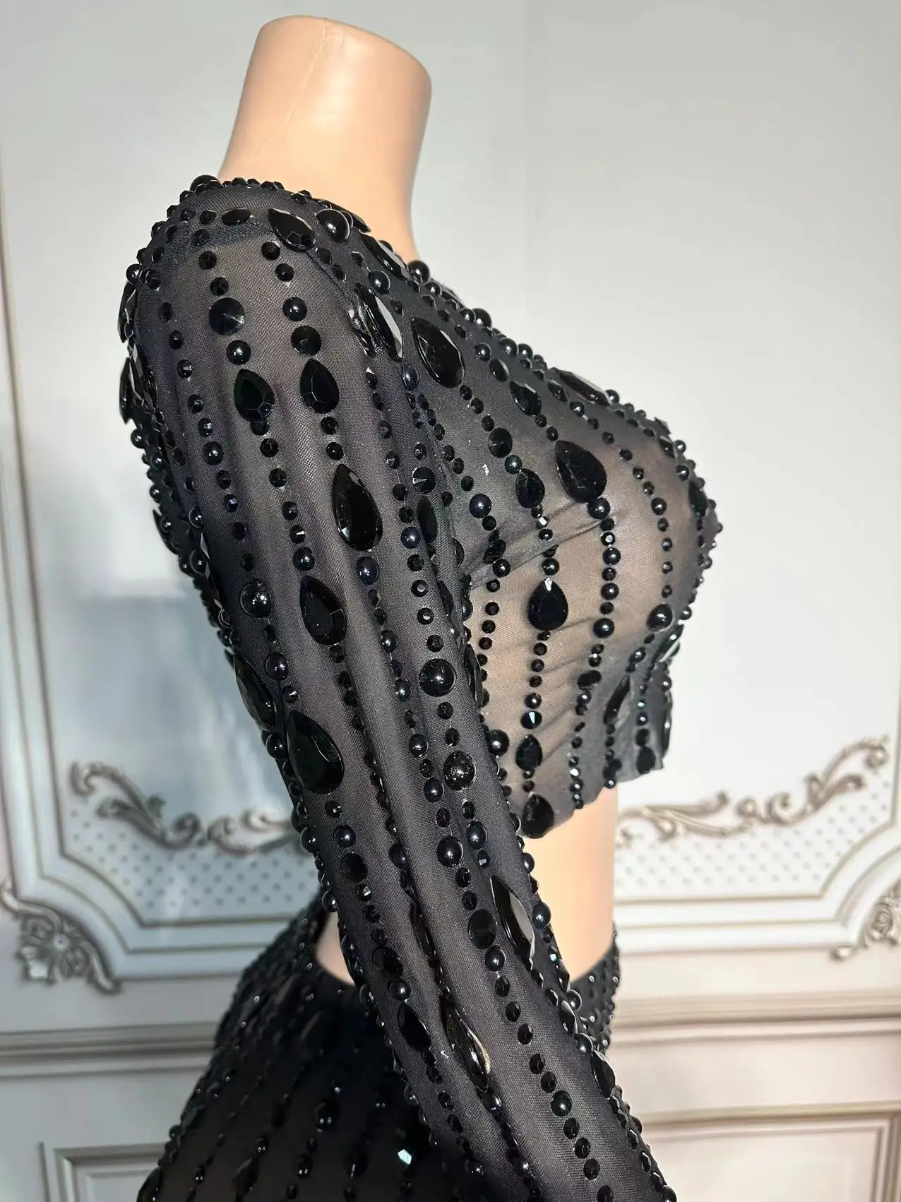 Black Rhinestones Mesh Transparent Long Sleeve 2 Pieces Set Outfit Evening  Birthday Celebrate Top Skirt Dance Photography Dress - AliExpress 200000345