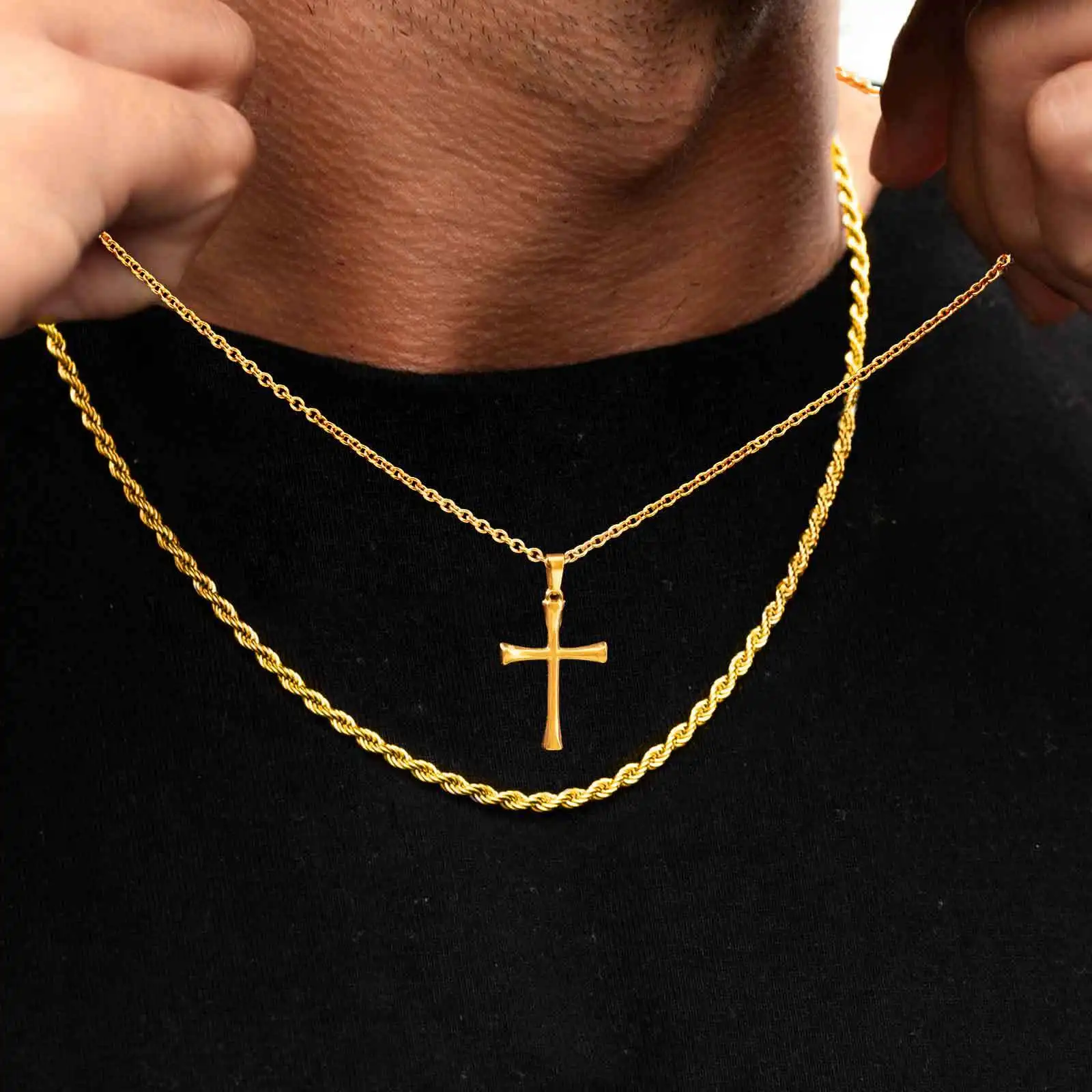 Simple Gold Color Cross Necklace for Men,Stainless Steel Cross Sweater Chain Jewelry Gift