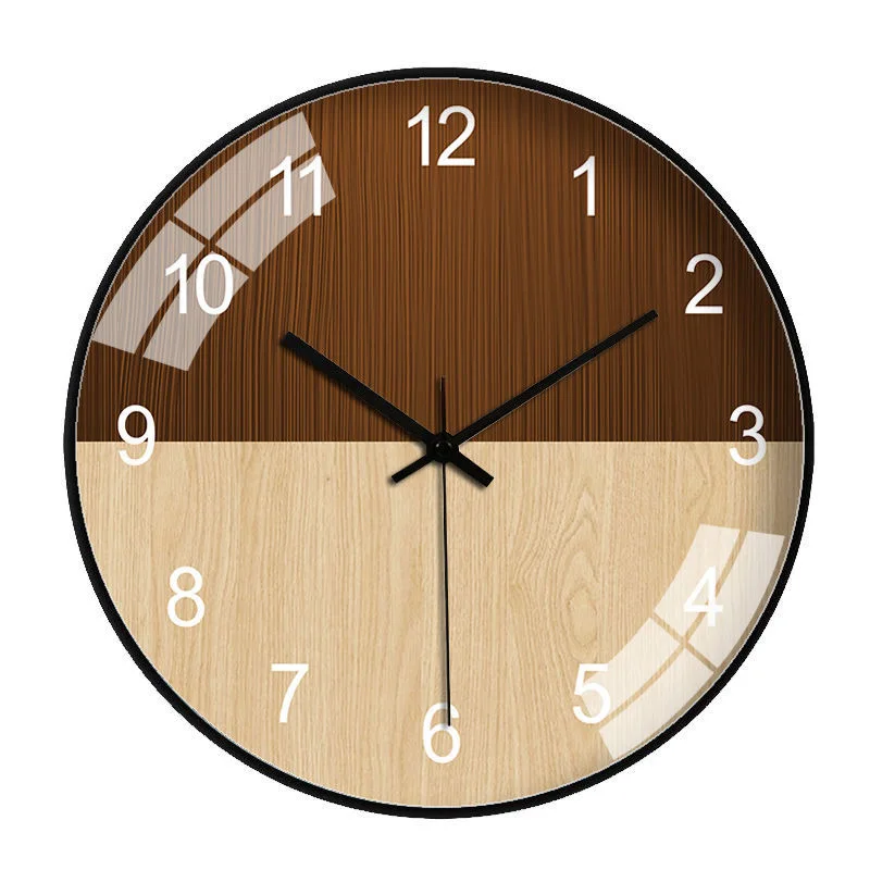Wood Grain Simple Black Punch-free Wall Clock Golden Mute Cartoon Glass Clock Color:060H;Sheet Size:10 Inch (25cm)